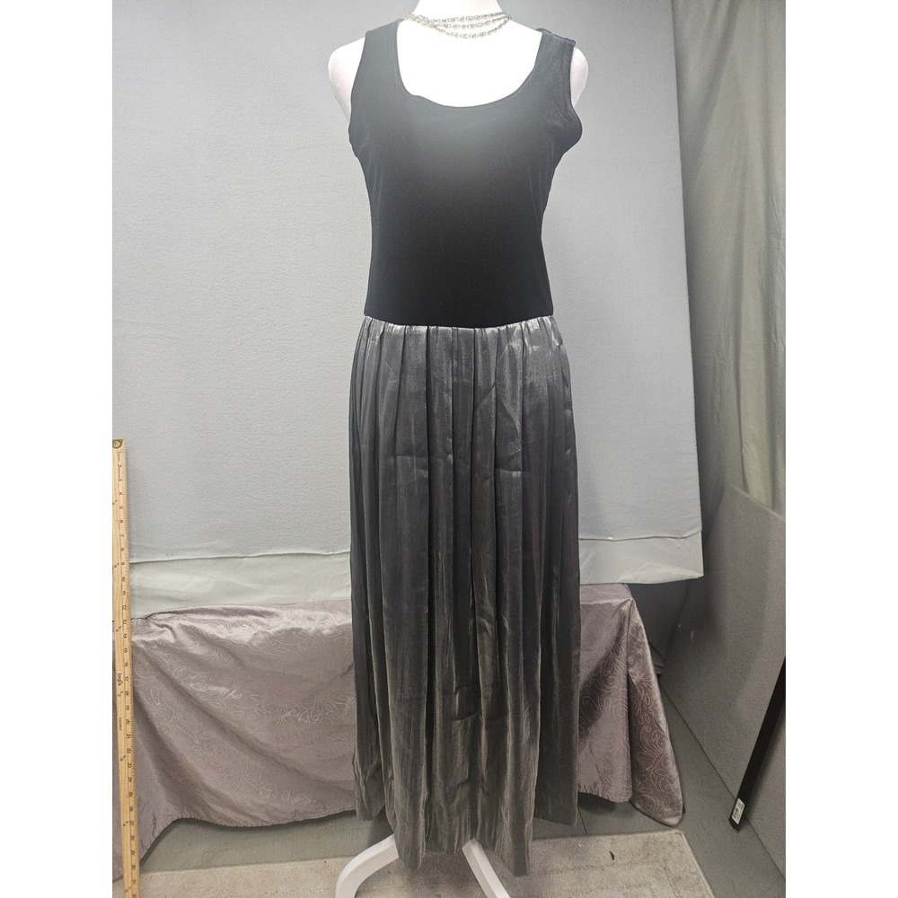 Karin Stevens Womens Black Velvet Metallic Silver Pleated Maxi Dress Size 6